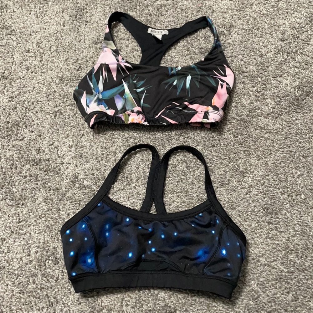 Size small women’s sports bras. Both from Forever 21.